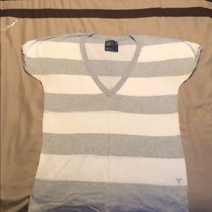 Gray/White Striped V-Neck Knit Top